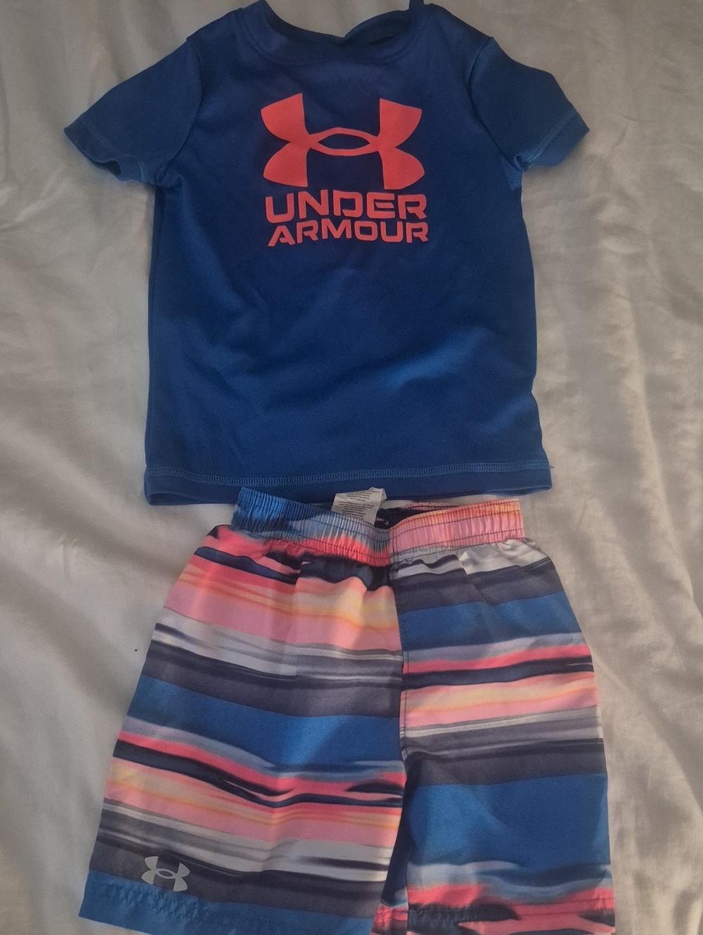 Under Armour Royal Blue Tee with Neon Coral Logo & Multicolor Stripe Shorts